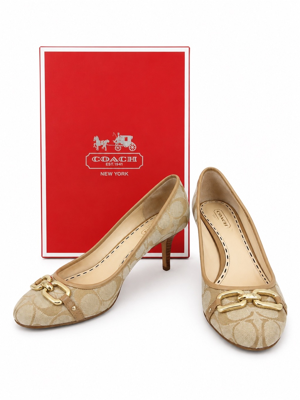 Coach Signature Canvas Mid-Heel Pumps in Beige with Gold Hardware